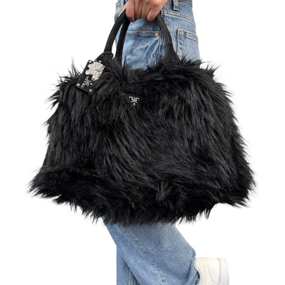 PRADA Vintage Faux Fur Fabric Tote Bag Black Silver Charm Triangle Logo [106226] - Picture 3 of 15